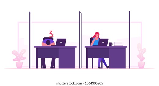 Freelancer Activity in Coworking Space. Characters Work and Rest in Cowork Area with Desks and Computers. Businesspeople Working by Laptop in Creative Shared Workplace. Flat Vector Illustration