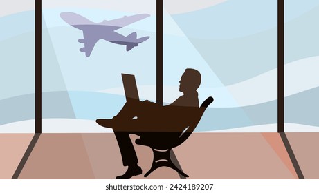 Freelancer in the airport lounge, color flat illustration