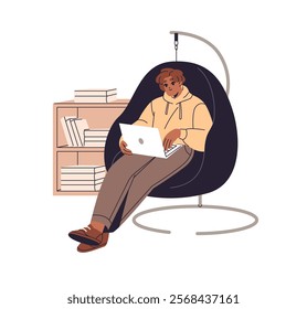 Freelancer in armchair remote works by laptop. Student is on distance education, studies with computer. Freelance worker is at home office, workplace. Flat isolated vector illustration on white