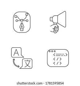 Freelancer attributes pixel perfect linear icons set. Pen cursor. Illustrator work. Designer software. Customizable thin line contour symbols. Isolated vector outline illustrations. Editable stroke