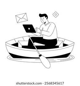 Freelancer boating illustration in hand drawn style