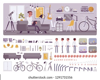 Freelancer boy room interior, home office creation kit, workspace set, furniture, build own design with different wall and floor color constructor elements. Cartoon flat style infographic illustration