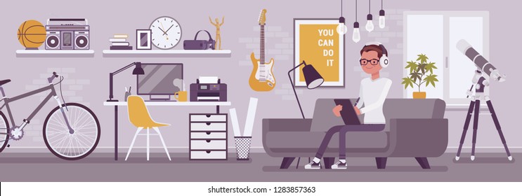 Freelancer boy room interior, modern home office design. Male freelance worker doing alone online job, young happy guy earning as independent self-employed person, cozy workspace. Vector illustration