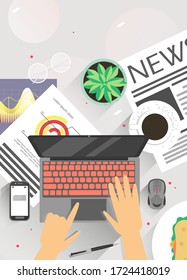 Freelancer, business man working remotely from home office using laptop computer, vector flat illustration. Newspaper sheet, smartphone, cup of coffee, cactus plant on table. Home workspace concept.