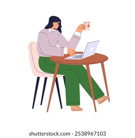 Freelancer, empresária trabalhando em laptop com caneca de café. Personagem feminina, trabalhadora freelance sentada à mesa com o computador, navegando online. Ilustração de vetor plano isolada no plano de fundo branco