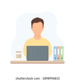 Freelancer or businessman working on laptop. Coworking business space. Work at home vector illustration isolated on white. Freelance concept. Cute boy study at home.