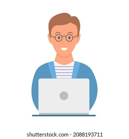 Freelancer or businessman working on laptop. Young student with glasses. Work at home. Freelance concept. Cute boy study at home. Vector illustration isolated on white.