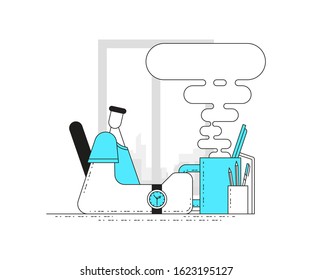 Freelancer businessman at the workplace, in front of a computer, in his hand a mug of hot drink, giant hands. Modern vector illustration. Use for website, infographic or application.