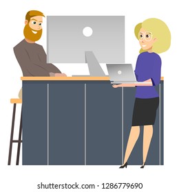 Freelancer by Computer, Woman Standing with Laptop. Confident Smiling Female Business Character Holding Gadget, Beard Man Sitting on Stool at Workplace. Flat Cartoon Vector Illustration
