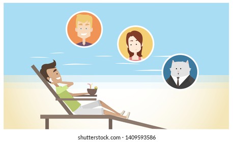 freelancer calling his friends and cat using his smartphone vector illustration