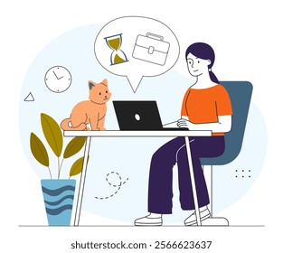 Freelancer with cat. Woman with laptop sits in apartment with cat and earns money on Internet. Remote employee in comfortable workplace. Online earnings. Linear vector illustration