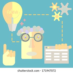 Freelancer character designer website creating development process, web application elements and objects in stylish colors Flat design vector illustration icons set