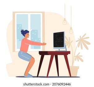 Freelancer Character Doing Workout at Home Work Place Stretching Body and Squatting front of Pc Screen. Female Worker Exercising at Workplace, Health Care and Sport. Cartoon People Vector Illustration