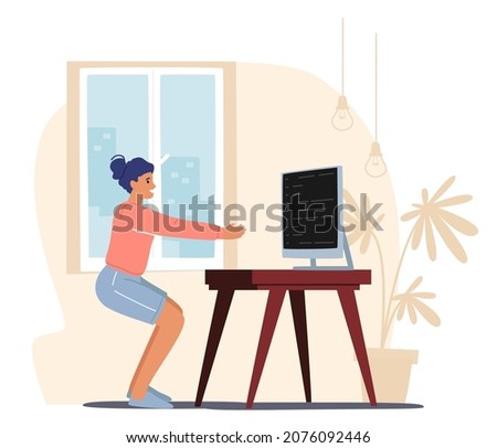 Freelancer Character Doing Workout at Home Work Place Stretching Body and Squatting front of Pc Screen. Female Worker Exercising at Workplace, Health Care and Sport. Cartoon People Vector Illustration