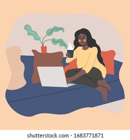 Freelancer character working from home. Businesswoman working on laptop computer sitting at home holding a coffee cup in hand. 