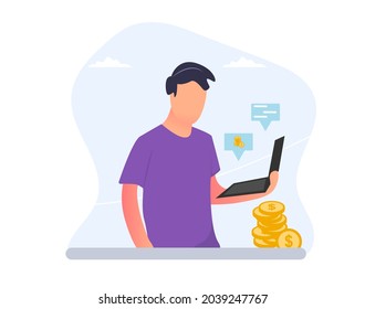 Freelancer Charakter arbeitet von zu Hause aus mit tragbaren Laptop.Arbeit in komfortablen Bedingungen.Social-Media-Netzwerke Benutzer.Selbstständiger Mann. Fernarbeit während des Quarantänekonzepts flache Vektorgrafik