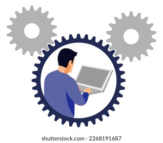 Freelancer character working with laptop in gear avatar isolate with planetary gear