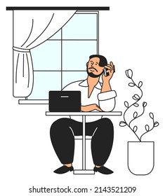 Freelancer character working on laptop from cafe cute interior