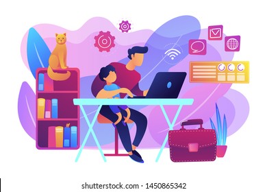 Freelancer With Child Working On Laptop. Parent Working With Son. Home Office. Remote Worker, Employee Schedule, Flexible Schedule Concept. Bright Vibrant Violet Vector Isolated Illustration