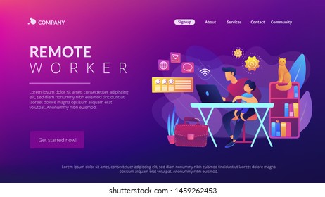 Freelancer with child working on laptop. Parent working with son. Home office. Remote worker, employee schedule, flexible schedule concept. Website homepage landing web page template.
