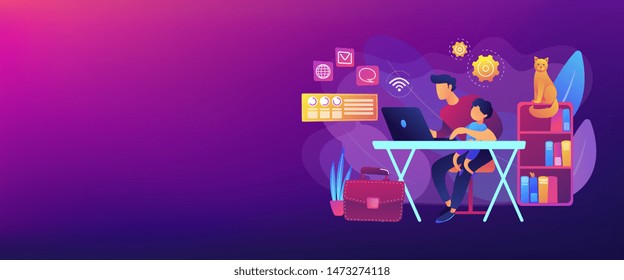 Freelancer With Child Working On Laptop. Parent Working With Son. Home Office. Remote Worker, Employee Schedule, Flexible Schedule Concept. Header Or Footer Banner Template With Copy Space.