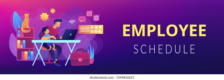 Freelancer with child working on laptop. Parent working with son. Home office. Remote worker, employee schedule, flexible schedule concept. Header or footer banner template with copy space.