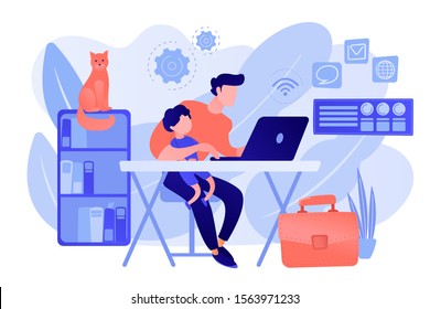 Freelancer With Child Working On Laptop. Parent Working With Son. Home Office. Remote Worker, Employee Schedule, Flexible Schedule Concept. Pink Coral Blue Vector Isolated Illustration