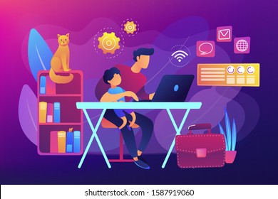 Freelancer With Child Working On Laptop. Parent Working With Son. Home Office. Remote Worker, Employee Schedule, Flexible Schedule Concept. Bright Vibrant Violet Vector Isolated Illustration