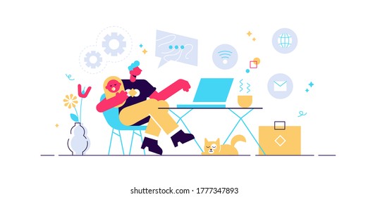 Freelancer With Child Working On Laptop. Parent Working With Son. Home Office. Remote Worker, Employee Schedule, Flexible Schedule Concept. Pink Coral Blue Vector Isolated Illustration