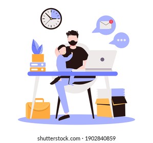 Freelancer with child working on laptop. Parent working with son. Home office. Remote worker, employee schedule, flexible schedule concept. Pink coral blue vector isolated illustration