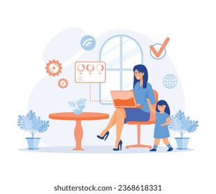 Freelancer with child working on laptop. Home office. Remote worker, employee schedule, flexible schedule, flat vector modern illustration