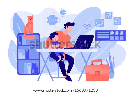 Freelancer with child working on laptop. Parent working with son. Home office. Remote worker, employee schedule, flexible schedule concept. Pink coral blue vector isolated illustration