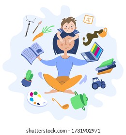 Freelancer with a child works on a laptop. Mom works at home. Remote work. Vector illustration.