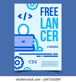 Freelancer Coding Bright Advertising Banner Vector. Css Freelancer Working On Laptop On Creative Promotional Poster. Programmer Developing Code Concept Template Stylish Colorful Illustration