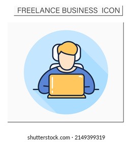 Freelancer color icon.Remote Work. Man works remotely on a laptop.Independent contractor.Isolated vector illustration