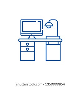 Freelancer computer desk line icon concept. Freelancer computer desk flat  vector symbol, sign, outline illustration.