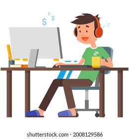 Freelancer with computer at home office vector illustration