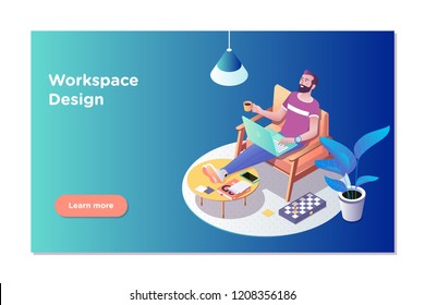 Freelancer concept, coworking people. Freelancer man at his laptop easely in working office.Isometric vector illustration