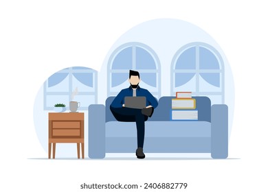 Freelancer concept. Happy freelancer working with laptop at home, man sitting on sofa chair, using laptop, Vector illustration for freelancer, morning, planning, work from home routine.