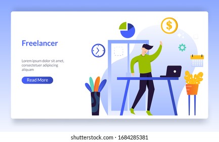 Freelancer concept, remote online job , man working with laptop from anywhere, landing page template for banner, flyer, ui, web, mobile app, poster