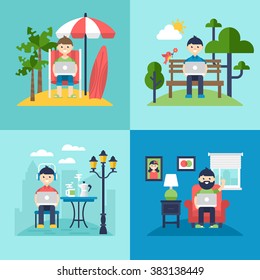 Freelancer concept. Working on the beach, in coffee shop, in the park and at home. Isolated vector illustration