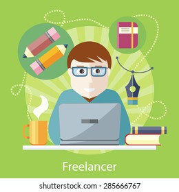 Freelancer, copywriter, journalist writing at the computer on the stylish colored background. Activity field of freelancer. Flat design cartoon style for web design, analytic, graphic design 
