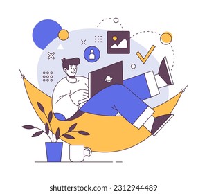 Freelancer in cosy armchair work online from home. Male working on laptop, worker on quarantine, programmer, illustrator or translator. Vector illustration of relaxed person on workplace freelancing