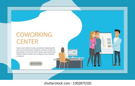 Freelancer at Coworking Business Center Banner. Male Character Standing near Flip Board Making Presentation in Shared Workplace. Woman Working by Computer. Flat Cartoon Vector Illustration