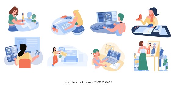 Freelancer creative designer girl working in different area set. Girl using computer digital program, graphic resources and stationery scene. Female design creator at workplace vector illustration