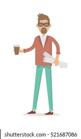 Freelancer with cup of coffee and new project isolated. Modern architect. Man with beard. Make money business concept. Successful businessman. Young person in stylish apparel. Handsome guy. Vector