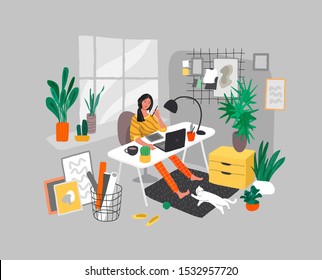 Freelancer designer girl working in nordic style home office with cat. Daily life and everyday routine scene by young woman in scandinavian style cozy interior with homeplants. Cartoon vector