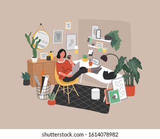 Freelancer designer girl working in nordic style home office with cat. Daily life and everyday routine scene by young woman in scandinavian style cozy interior with homeplants. Cartoon vector