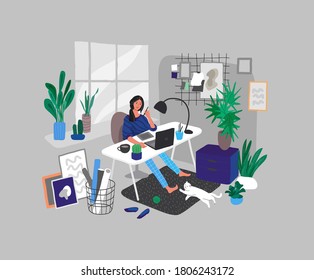 Freelancer designer girl working in nordic style home office with cat. Daily life and everyday routine scene by young woman in scandinavian style cozy interior with homeplants. Cartoon vector