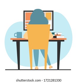 Freelancer at the desk. Working remote from home. Stay home, stay healthy, quarantine concept. Person sitting on chair at the desk and working on computer